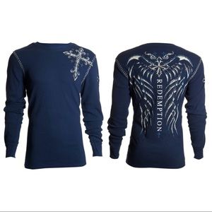 Archaic by Affliction Men's Thermal Shirt SPINE WINGS Biker Navy